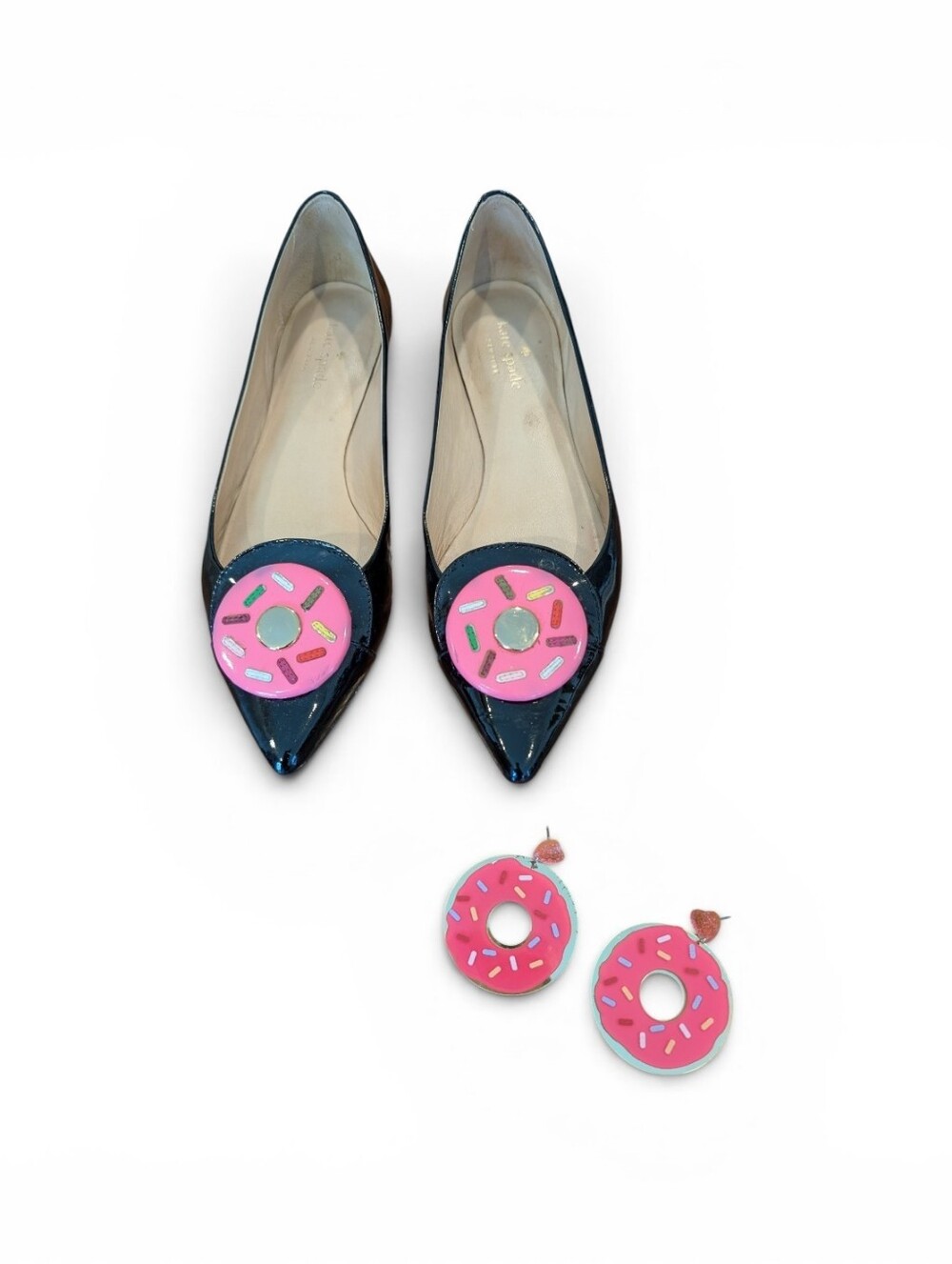 Kate Spade Donut Patent Leather Pointed Toe Flats Size 8 BONUS Earrings